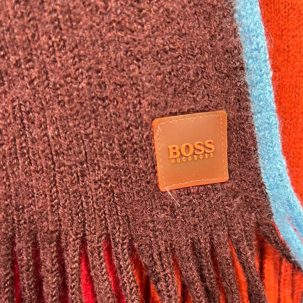 BOSS Hugo Boss‎ Men's Wool Striped Scarf Brown Red Blue Fringe